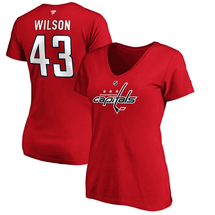 Women's Washington Capitals Tom Wilson Fanatics Red Authentic Stack Name and Number V-Neck T-Shirt - ujerseystore