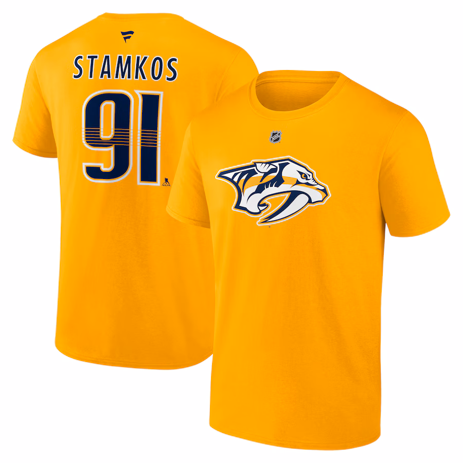 Men's Nashville Predators Steven Stamkos Fanatics Gold Authentic Stack Name & Number T-Shirt - ujerseystore