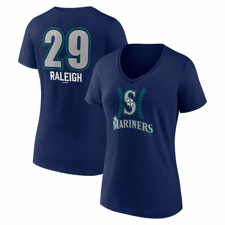 Women's Seattle Mariners Cal Raleigh Navy Name & Number Fastball V-Neck T-Shirt - ujerseystore