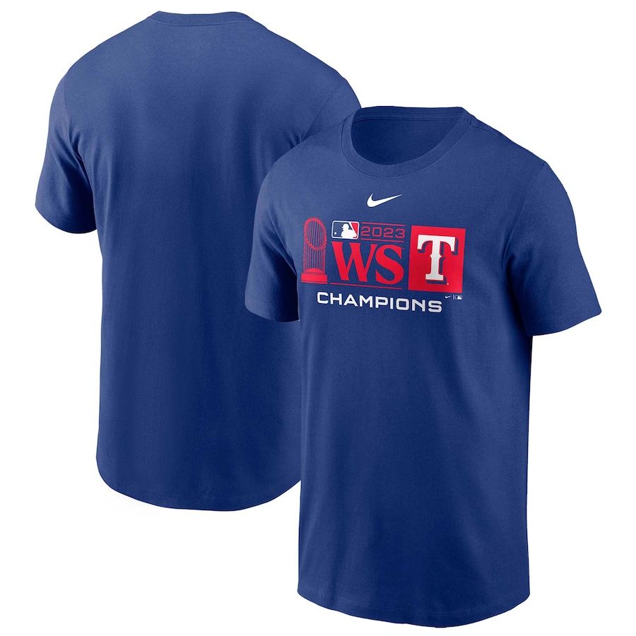 Men's Texas Rangers Nike Royal 2023 World Series Champions Trophy Lock Up T-Shirt - ujerseystore