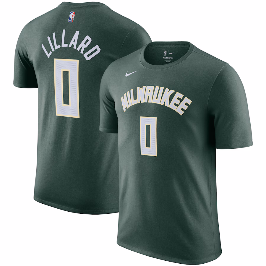 Men's Milwaukee Bucks Damian Lillard Nike Hunter Green Name & Number T-Shirt - ujerseystore