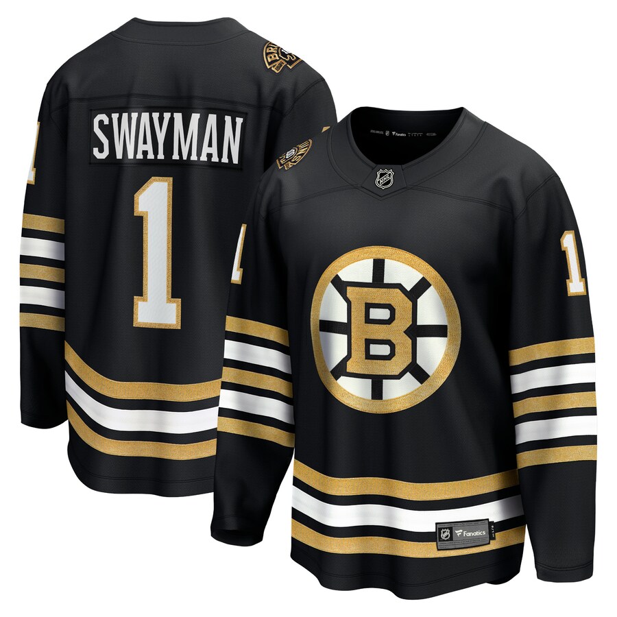 Men's Boston Bruins Jeremy Swayman Fanatics Branded Black 100th Anniversary Premier Breakaway Player Jersey - ujerseystore