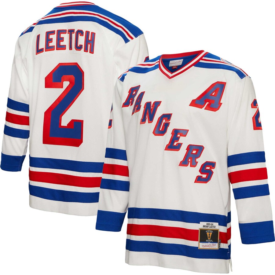 Men's New York Rangers Brian Leetch Mitchell & Ness White 1993/94 Alternate Captain Patch Blue Line Player Jersey - ujerseystore
