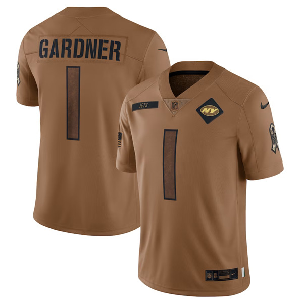 Men's New York Jets #1 Sauce Gardner 2023 Brown Salute To Service Limited Football Stitched Jersey - ujerseystore