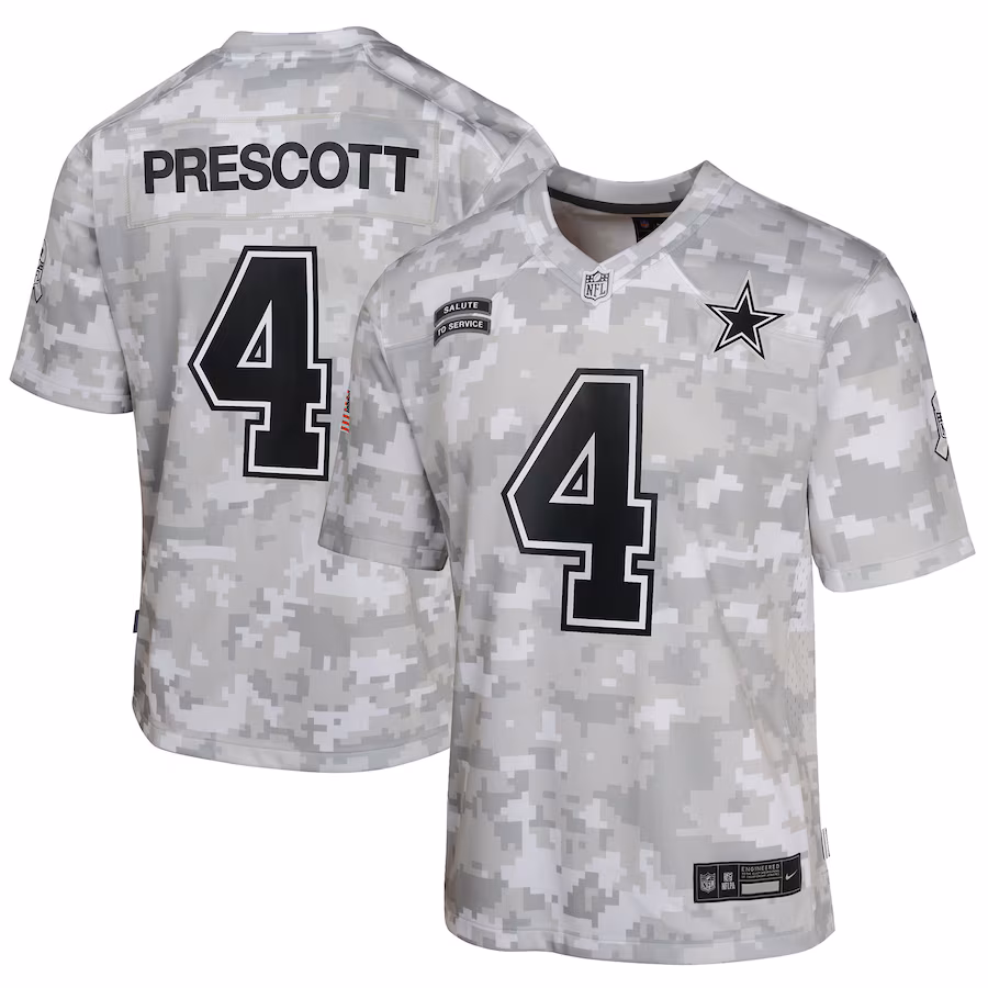 Youth Dallas Cowboys Dak Prescott Nike Arctic Camo 2024 Salute to Service Game Jersey - ujerseystore