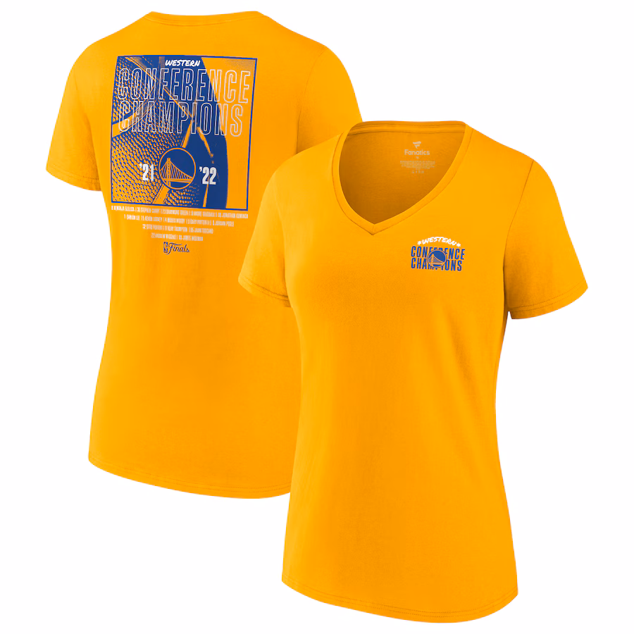 Women's Golden State Warriors Fanatics Gold 2022 Western Conference Champions Balanced Attack Roster V-Neck T-Shirt - ujerseystore