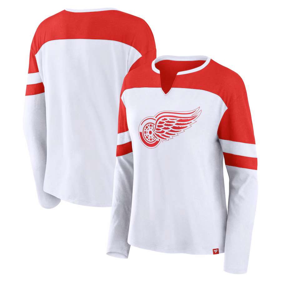 Women's Detroit Red Wings Fanatics White/Athletic Red 2025 NHL Stadium Series Frozen Long Sleeve Notch Neck T-Shirt - ujerseystore
