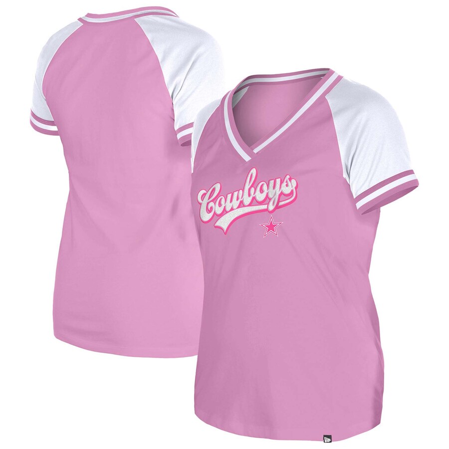 Women's Dallas Cowboys New Era Pink Color Multiplier Raglan V-Neck T-Shirt - ujerseystore