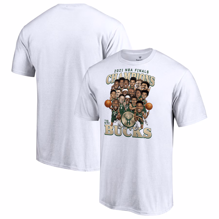 Men's Milwaukee Bucks Fanatics White 2021 NBA Finals Champions Team Caricature Roster T-Shirt - ujerseystore