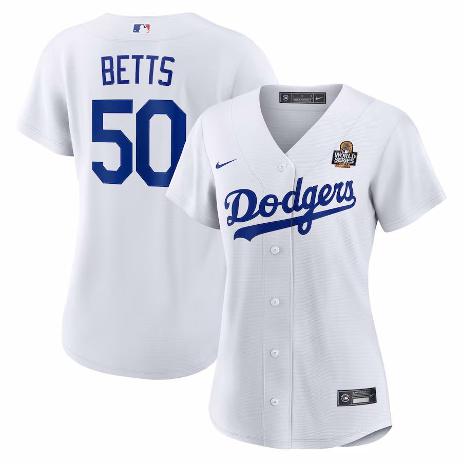 Women's Los Angeles Dodgers Mookie Betts Nike White 2024 World Series Home Home Replica Jersey - ujerseystore