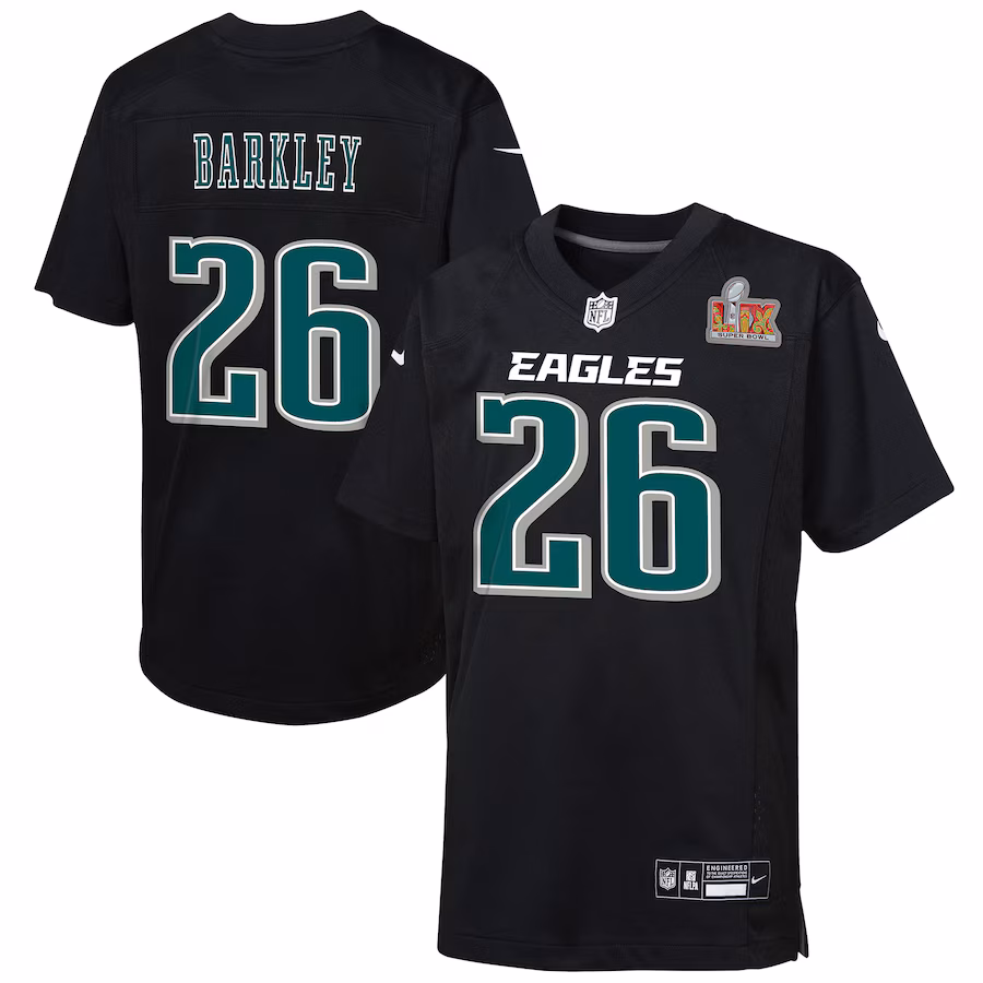 Youth Philadelphia Eagles Saquon Barkley Nike Carbon Black Super Bowl LIX Patch Fashion Game Player Jersey - ujerseystore