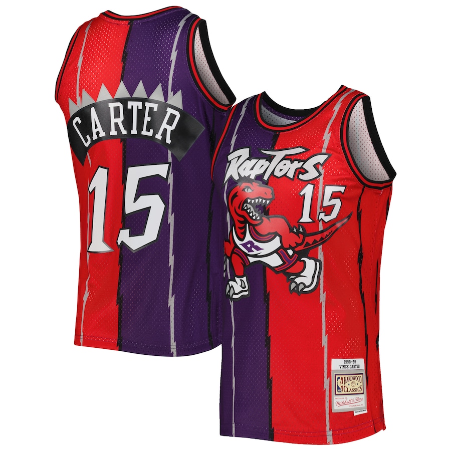Men's Toronto Raptors Vince Carter Mitchell & Ness Purple/Red Hardwood Classics 1998/99 Split Swingman Jersey - ujerseystore