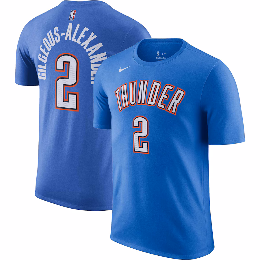 Men's Oklahoma City Thunder Shai Gilgeous-Alexander Nike Blue Icon 2022/23 Name & Number T-Shirt - ujerseystore