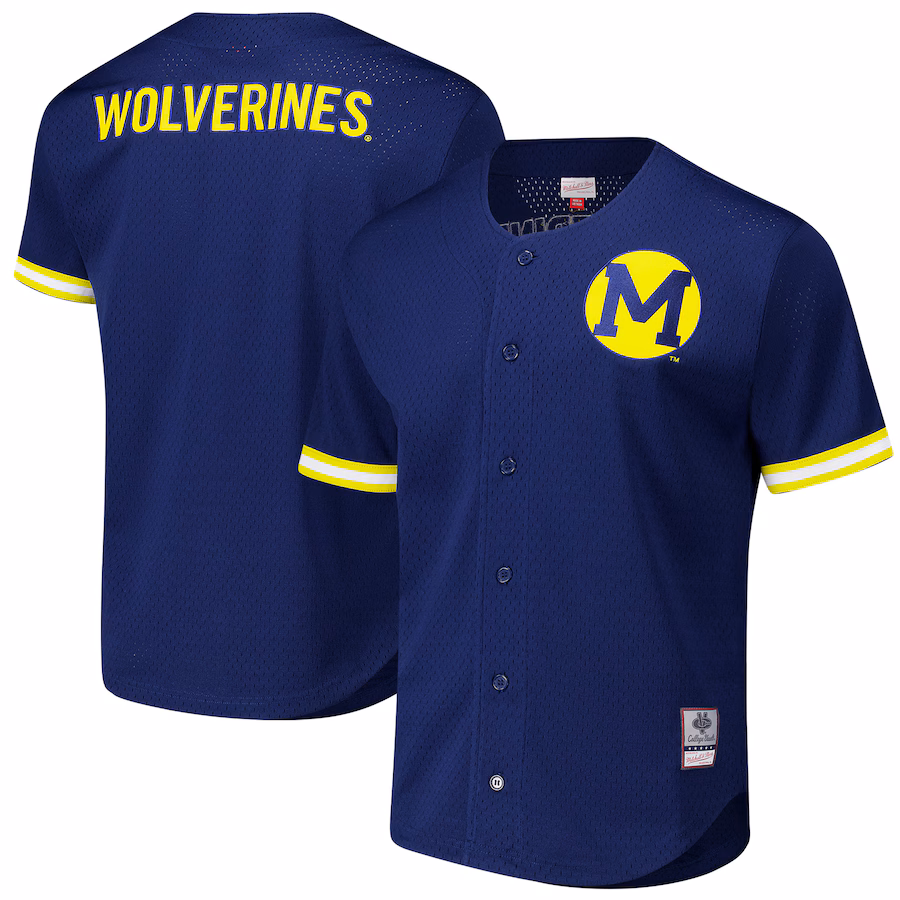 Men's Mitchell & Ness Navy Michigan Wolverines Game Time Vintage Mesh Button Front Top - ujerseystore