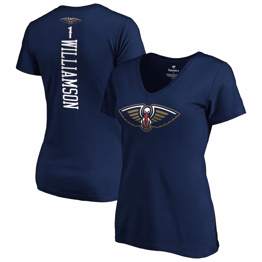 Women's New Orleans Pelicans Zion Williamson Fanatics Navy 2019 NBA Draft Playmaker Name & Number V-Neck T-Shirt - ujerseystore