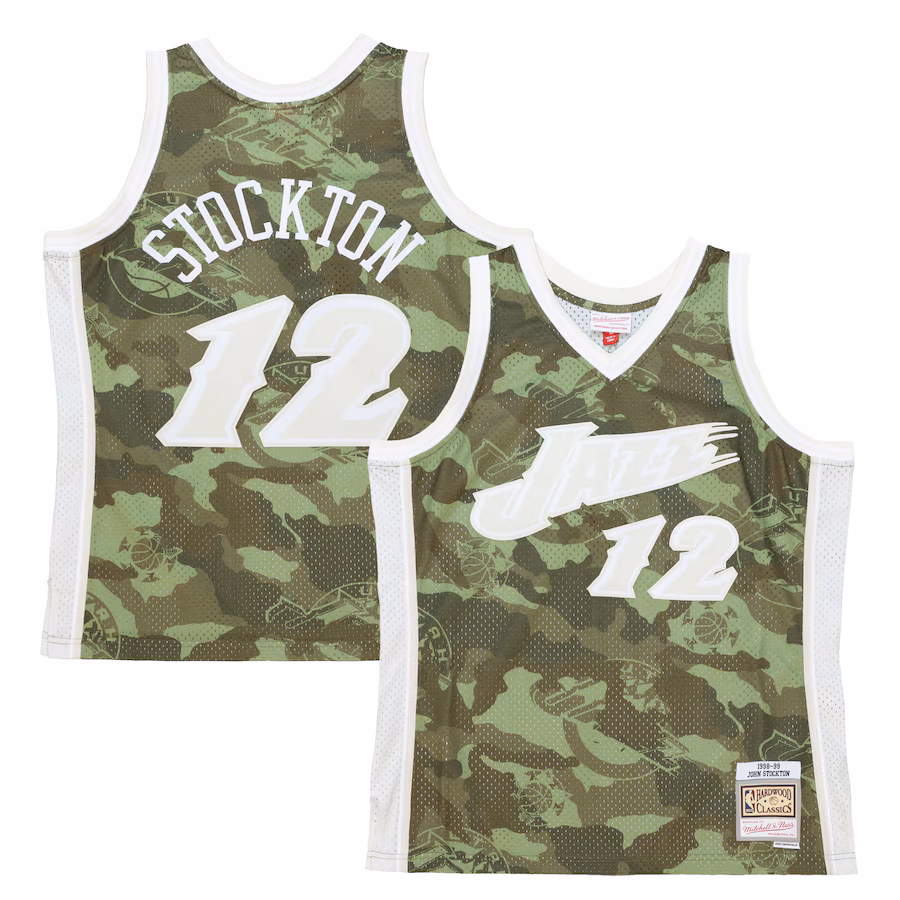 Men's Utah Jazz John Stockton Mitchell & Ness Camo Hardwood Classics 1998/99 Ghost Green Swingman Jersey - ujerseystore