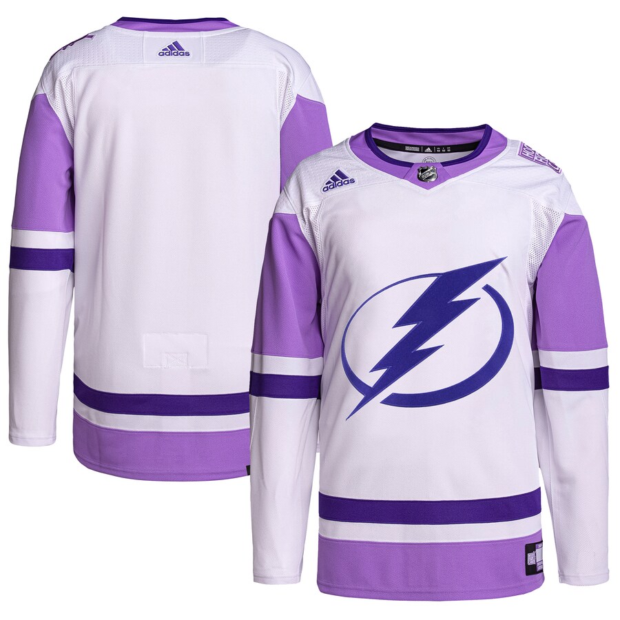 Men's Tampa Bay Lightning adidas White/Purple Hockey Fights Cancer Primegreen Authentic Blank Practice Jersey - ujerseystore