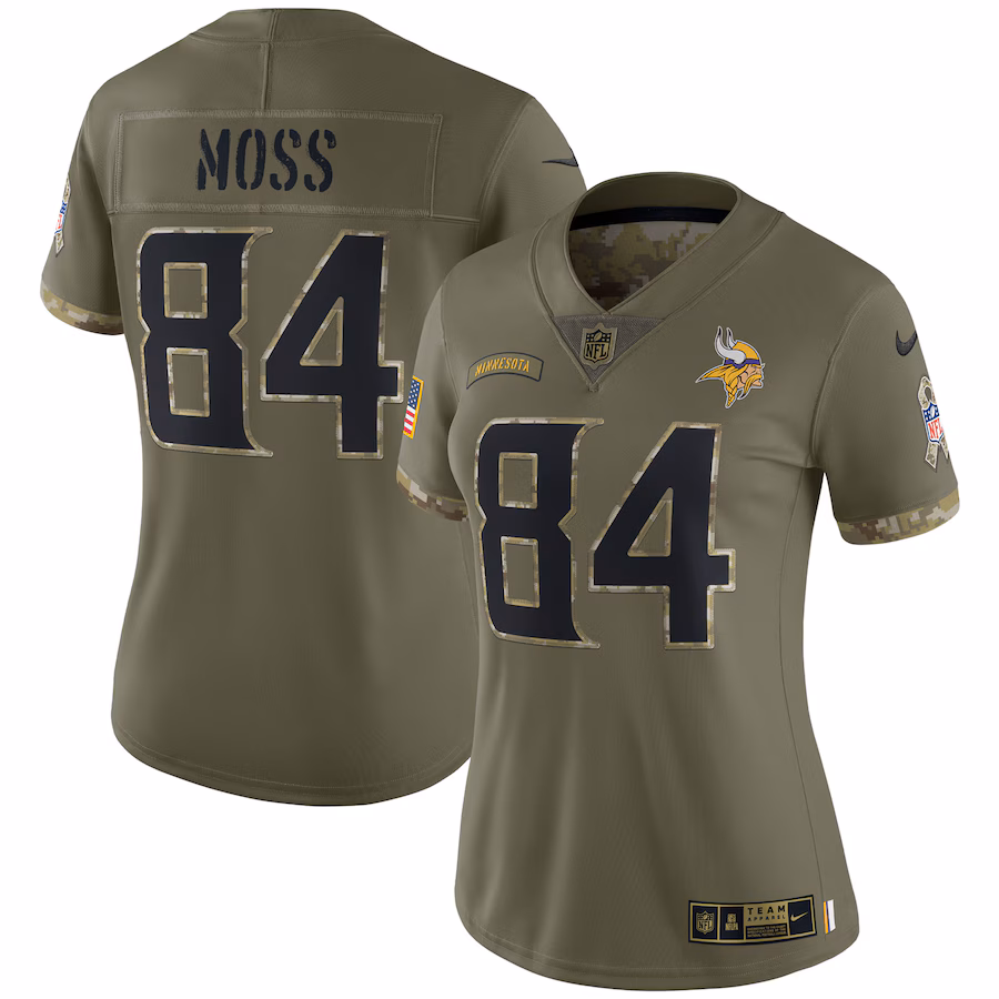 Women's Minnesota Vikings Randy Moss Nike Olive 2022 Salute To Service Retired Player Limited Jersey - ujerseystore
