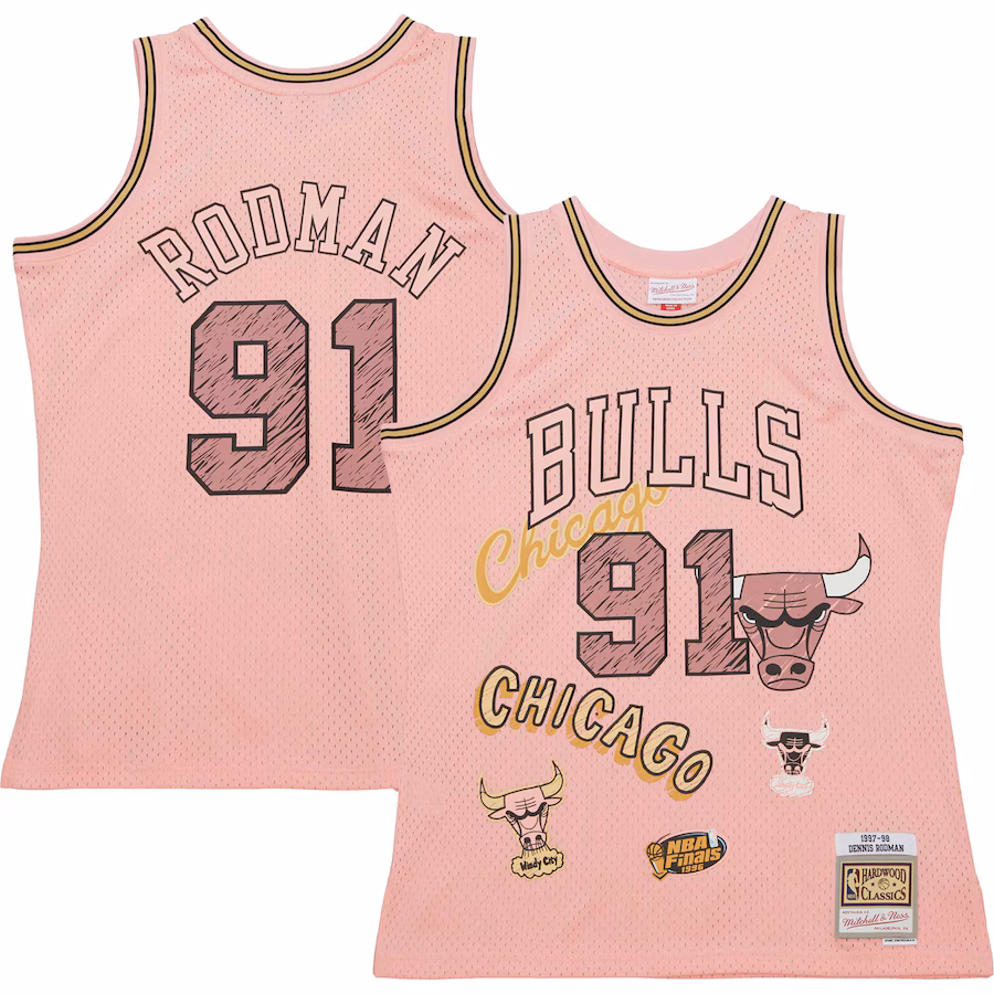 Men's Chicago Bulls Dennis Rodman Mitchell & Ness Pink 1997/98 Swingman Sidewalk Sketch Jersey - ujerseystore