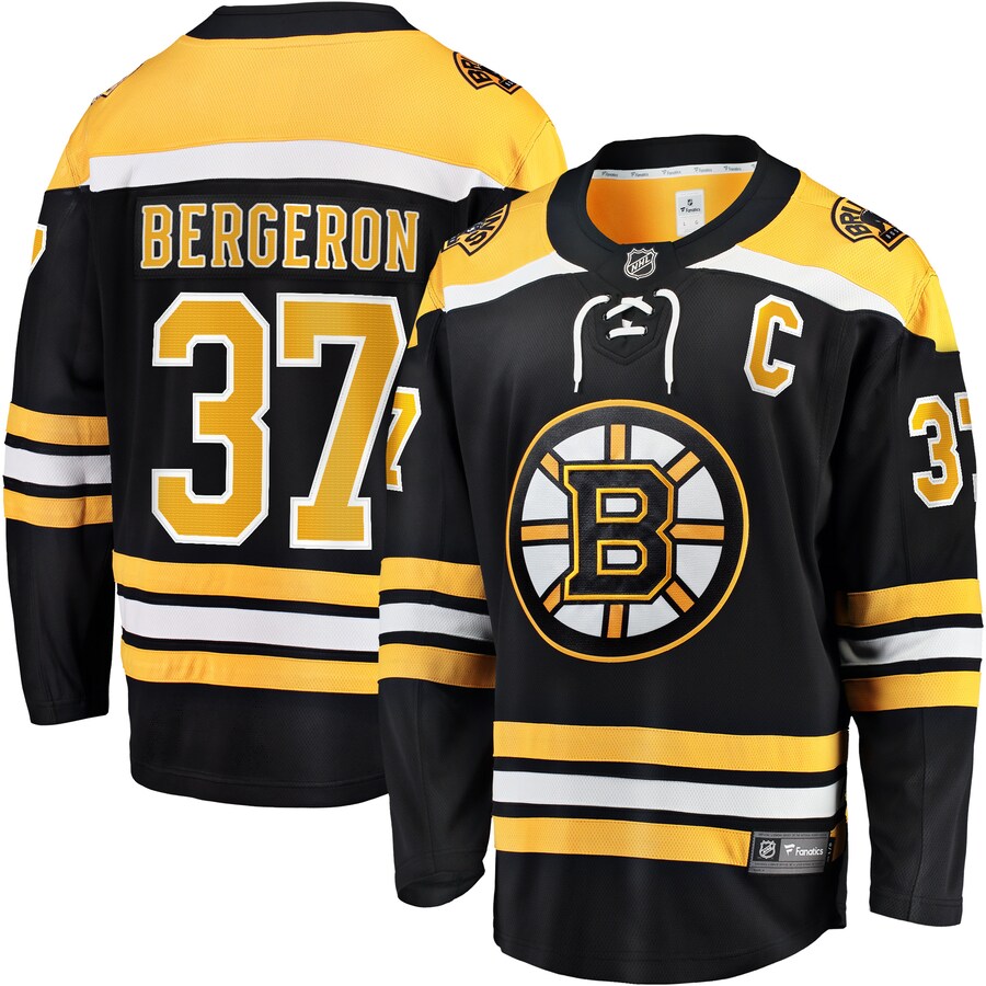 Men's Boston Bruins Patrice Bergeron Fanatics Branded Black Captain Patch Home Breakaway Jersey - ujerseystore