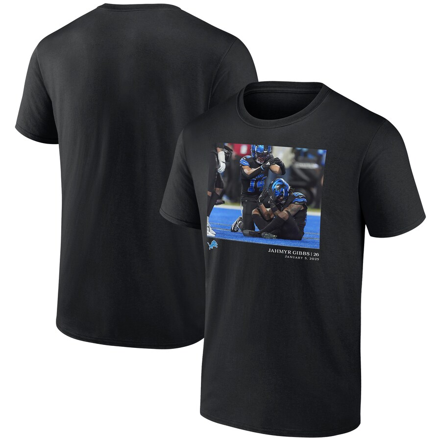 Men's Detroit Lions Jahmyr Gibbs Black  NFL Flash Features Week 18 T-Shirt - ujerseystore