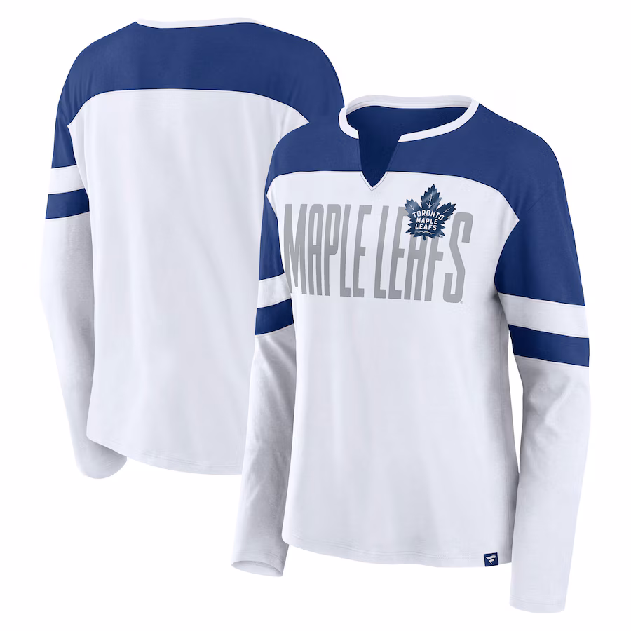 Women's Toronto Maple Leafs Fanatics White/Blue Frozen Long Sleeve Notch Neck T-Shirt - ujerseystore