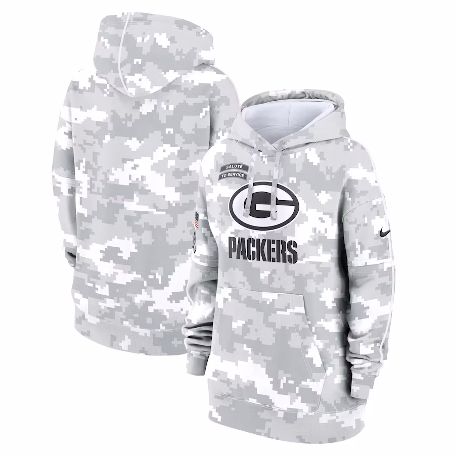 Women's Green Bay Packers Nike Arctic Camo 2024 Salute To Service Club Fleece Pullover Hoodie - ujerseystore