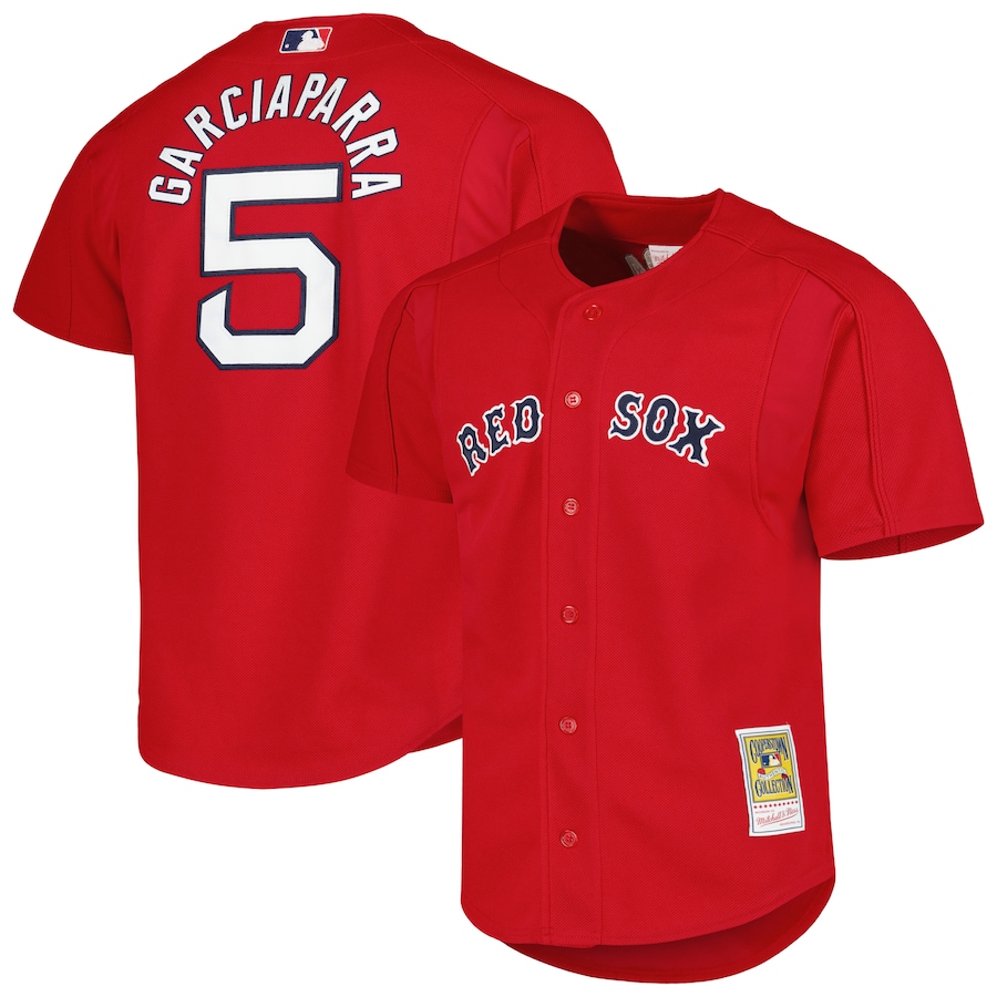 Men's Boston Red Sox Nomar Garciaparra Mitchell & Ness Red Cooperstown Collection Mesh Batting Practice Button-Up Jersey - ujerseystore