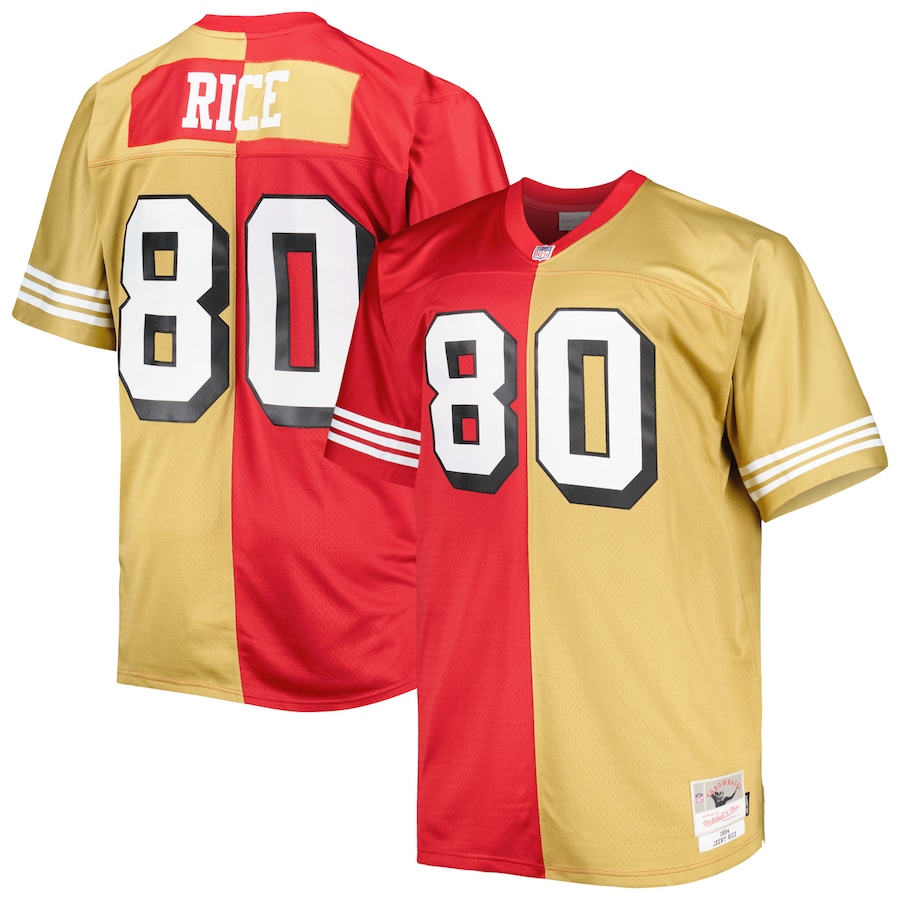 Men's San Francisco 49ers Jerry Rice Mitchell & Ness Scarlet/Gold Big & Tall Split Legacy Retired Player Replica Jersey - ujerseystore