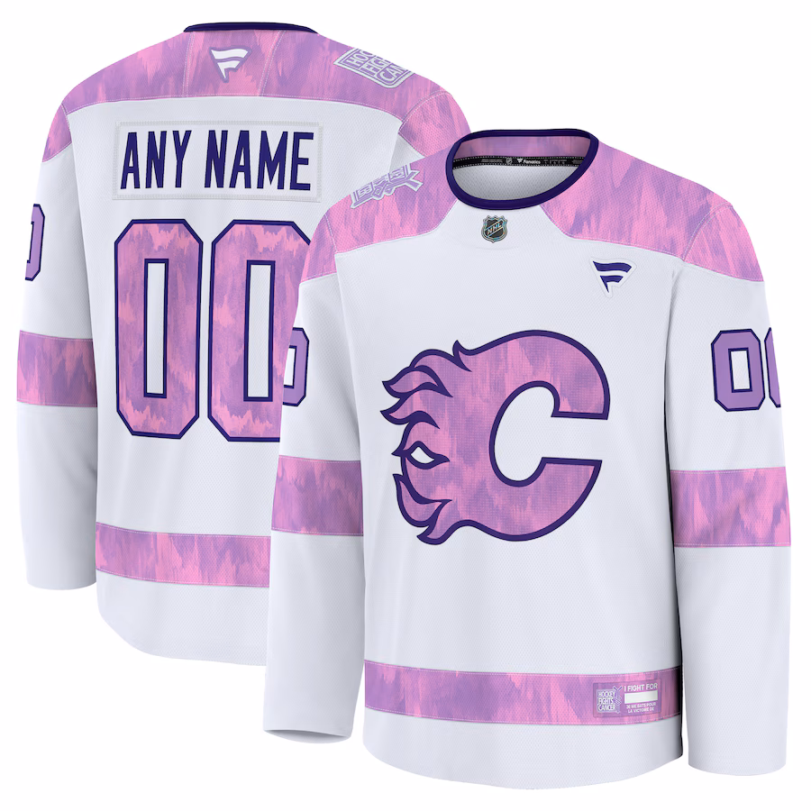 Men's Calgary Flames Fanatics White 2024 Hockey Fights Cancer Custom Practice Jersey - ujerseystore