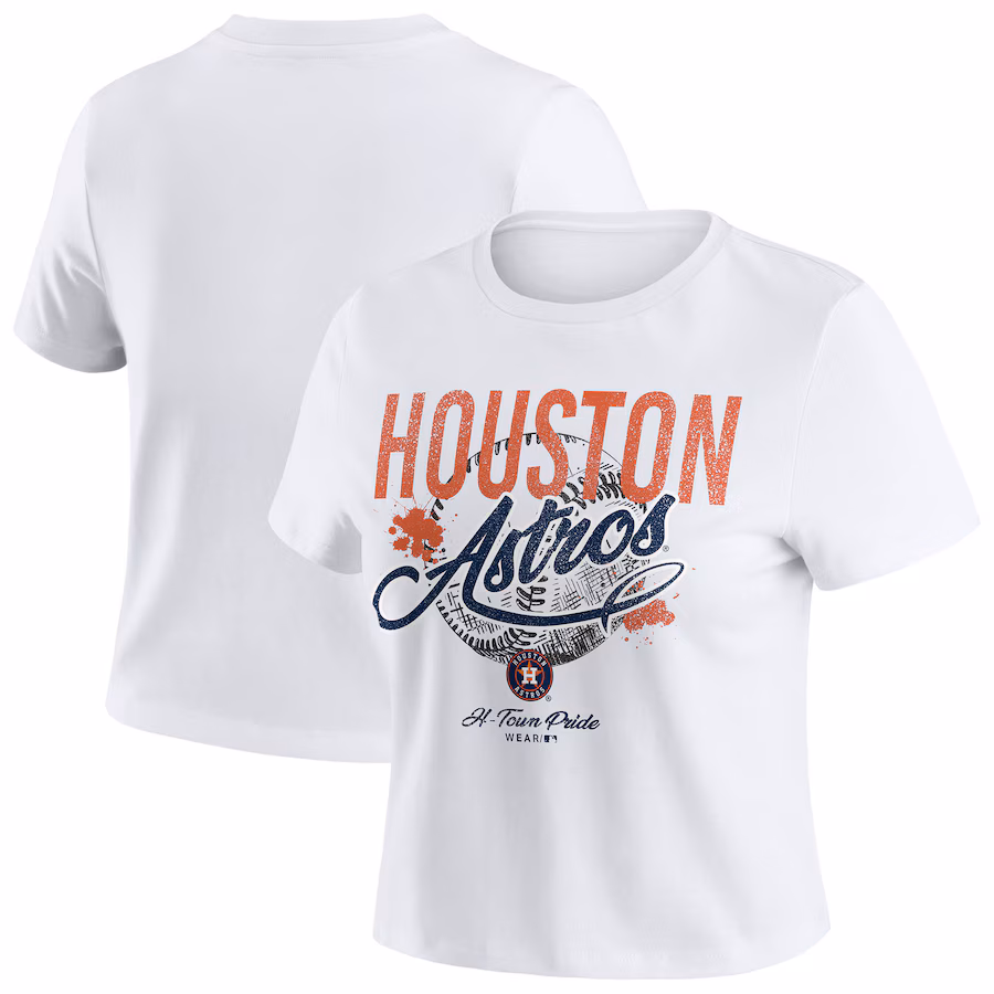 Women's Houston Astros WEAR by Erin Andrews White Distressed Cropped Baby T-Shirt - ujerseystore
