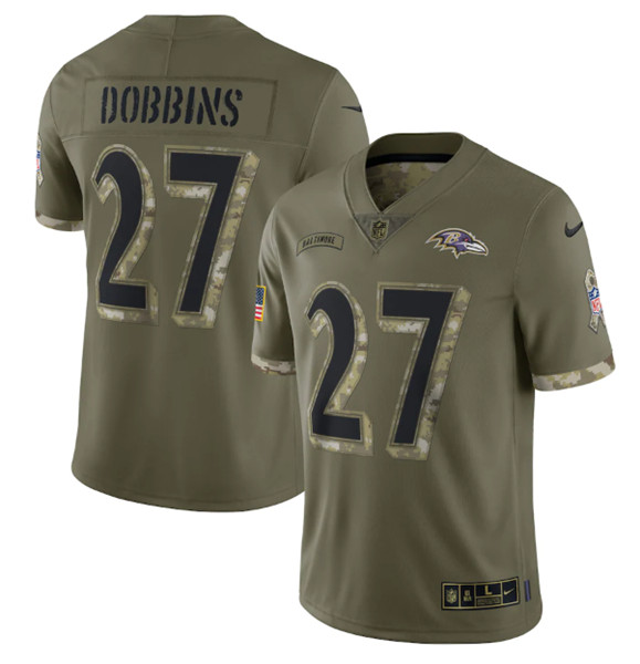 Men's Baltimore Ravens #27 J.K. Dobbins 2022 Olive Salute To Service Limited Stitched Jersey - ujerseystore
