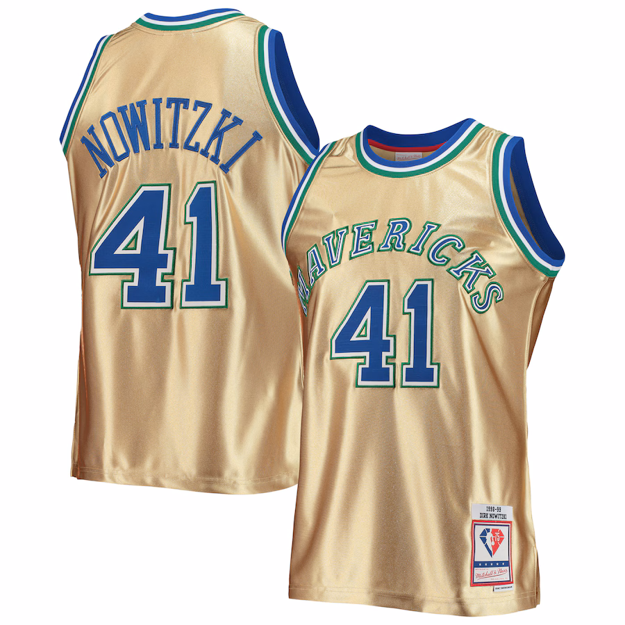 Men's Dallas Mavericks Dirk Nowitzki Gold Mitchell & Ness 75th Anniversary 1998/99 Hardwood Classics Swingman Jersey - ujerseystore