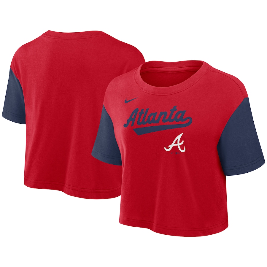 Women's Atlanta Braves Nike Red/Navy Script Cropped Performance T-Shirt - ujerseystore