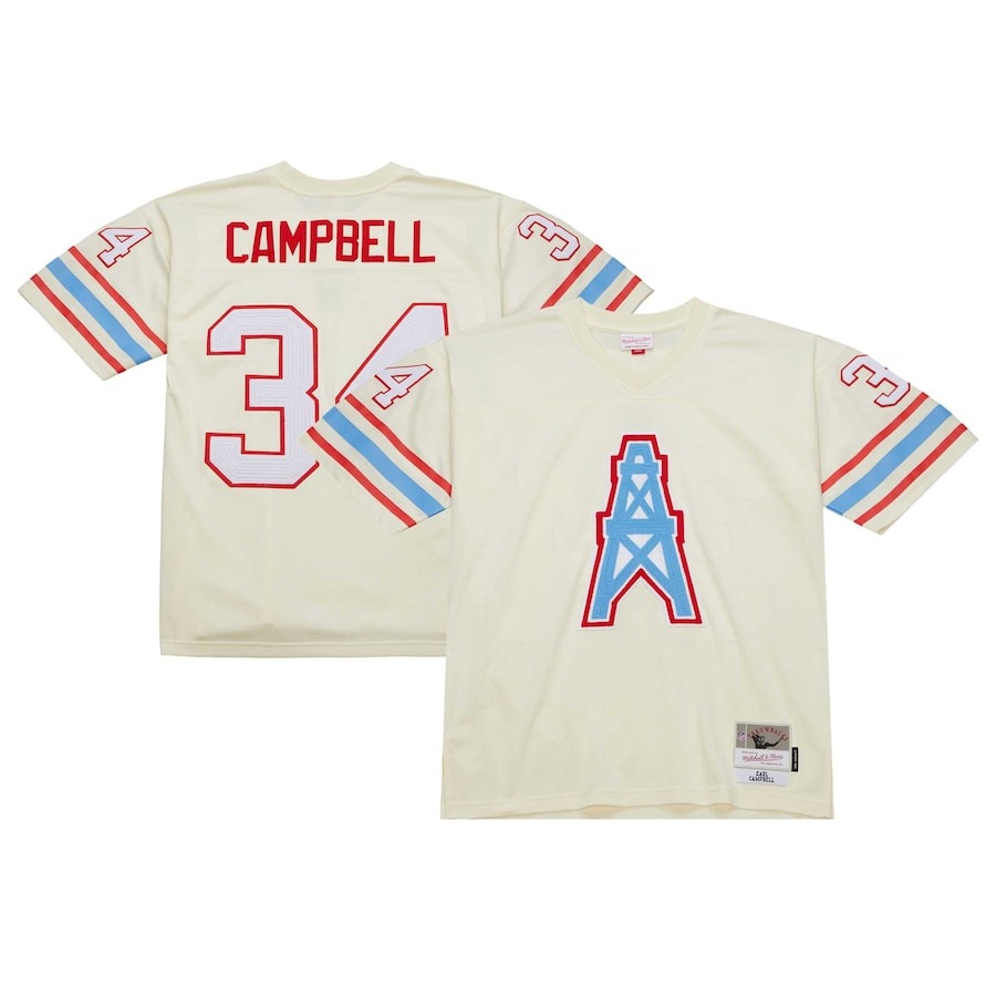 Men's Houston Oilers Earl Campbell Mitchell & Ness Cream Chainstitch Legacy Jersey - ujerseystore