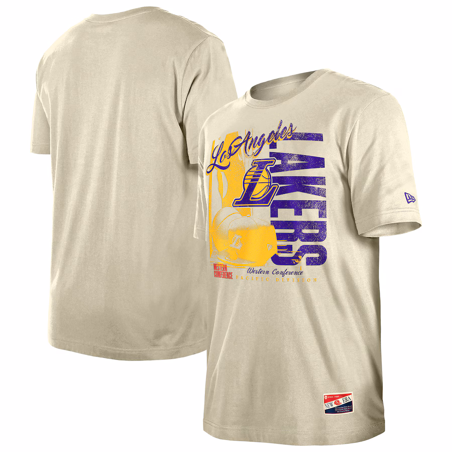 Men's Los Angeles Lakers  New Era Cream Distressed Throwback Vintage Color Pack T-Shirt - ujerseystore