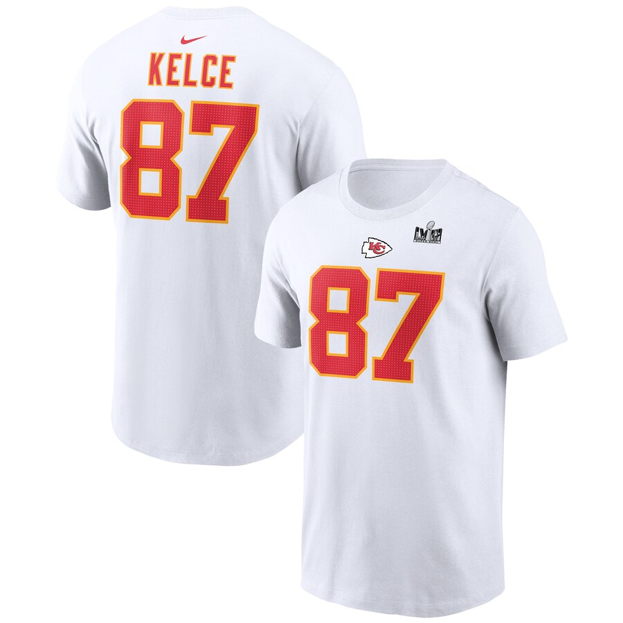 Men's Kansas City Chiefs Travis Kelce Nike White Super Bowl LVIII Patch Player Name & Number T-Shirt - ujerseystore