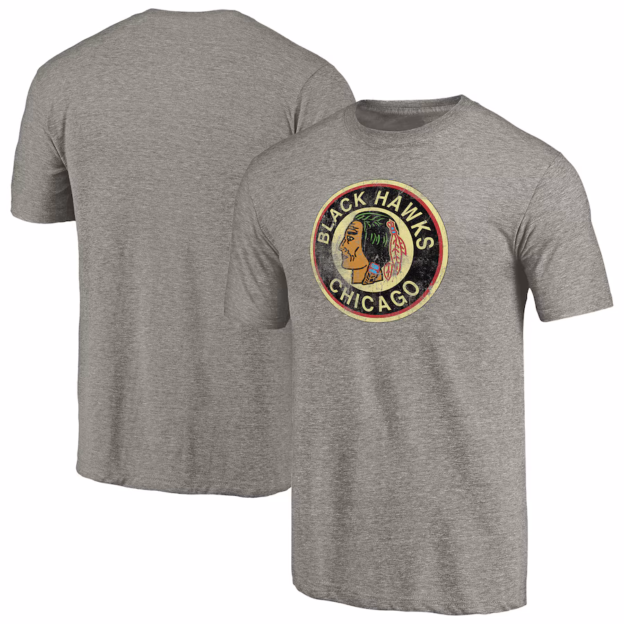Men's Chicago Blackhawks Ash Throwback Logo 1937-1938 Tri-Blend T-Shirt - ujerseystore