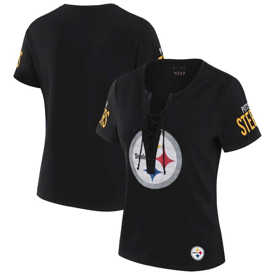 Women's Pittsburgh Steelers WEAR by Erin Andrews x Gracie Hunt Black Draft Me Lace-Up T-Shirt - ujerseystore
