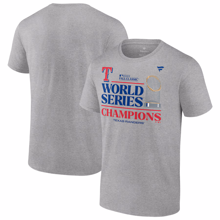 Men's Texas Rangers Fanatics Heather Gray 2023 World Series Champions Locker Room T-Shirt - ujerseystore
