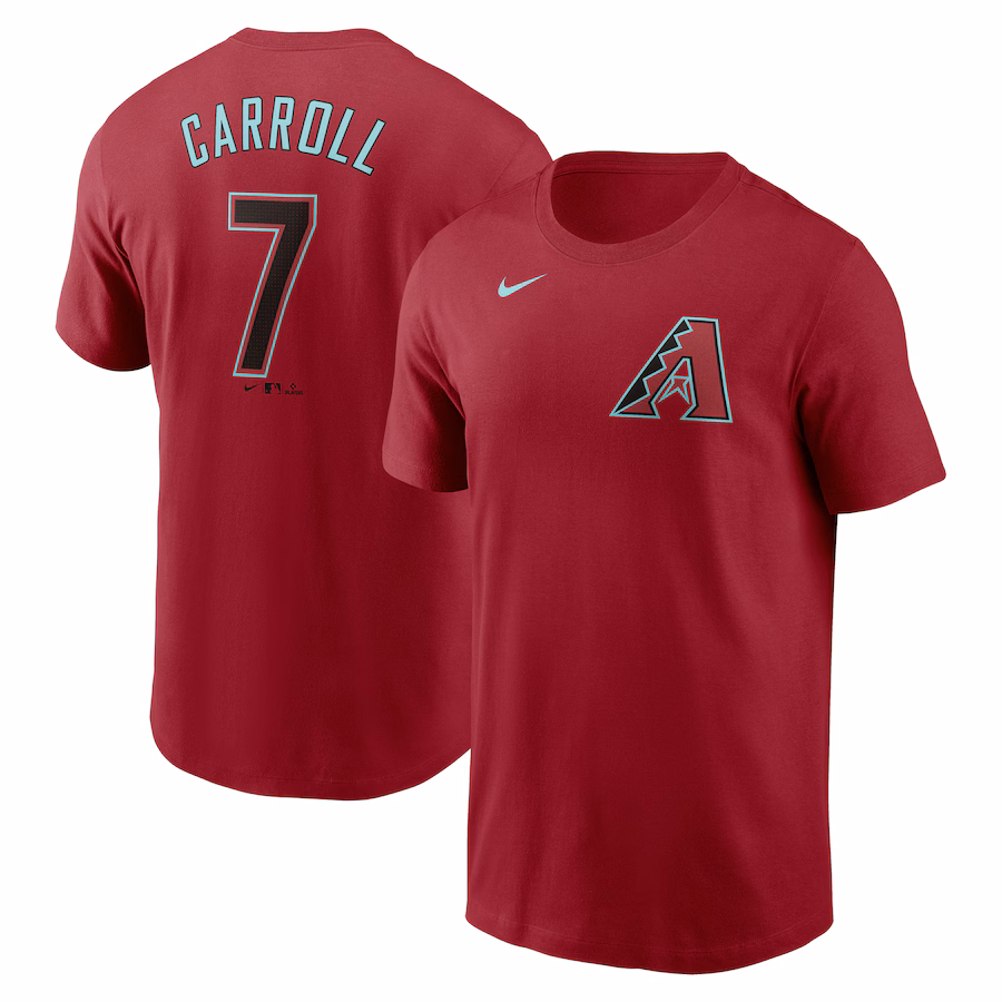 Men's Arizona Diamondbacks Corbin Carroll Nike Red Fuse Name & Number T-Shirt - ujerseystore