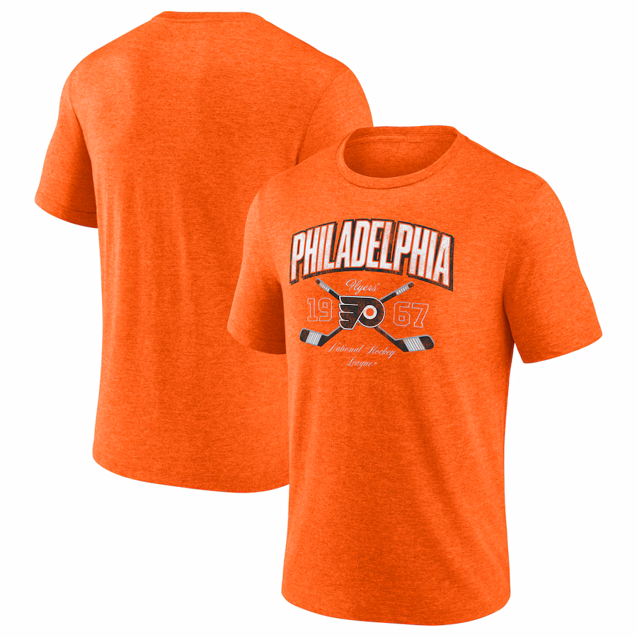 Men's Philadelphia Flyers Fanatics Heather Orange Vintage Cross Sticks Distressed Tri-Blend T-Shirt - ujerseystore