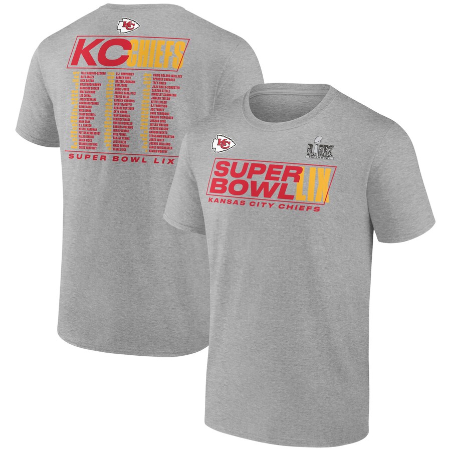 Men's Kansas City Chiefs  Fanatics Heather Gray Super Bowl LIX Roster T-Shirt - ujerseystore