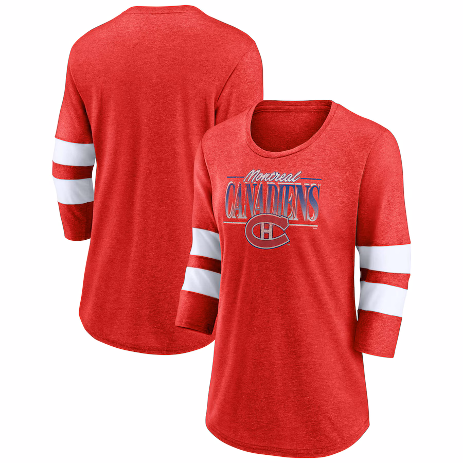 Women's Montreal Canadiens Fanatics Heathered Red/White Full Shield 3/4-Sleeve Tri-Blend Raglan Scoop Neck T-Shirt - ujerseystore