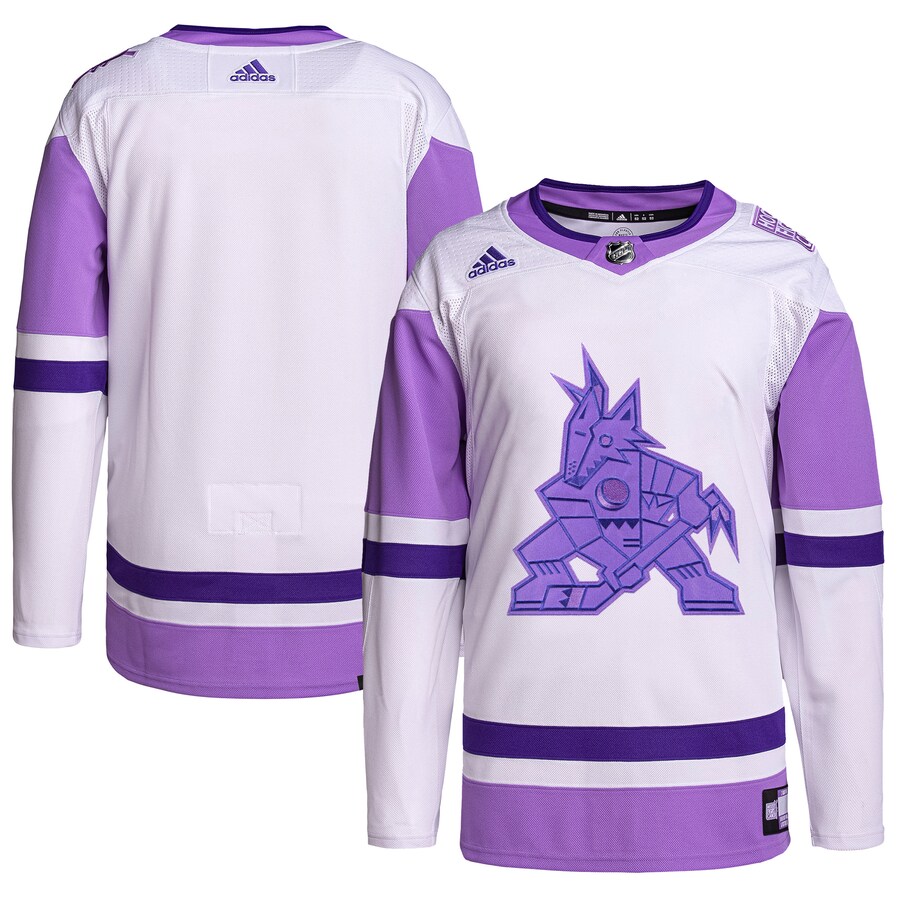 Men's Arizona Coyotes adidas White/Purple Hockey Fights Cancer Primegreen Authentic Blank Practice Jersey - ujerseystore