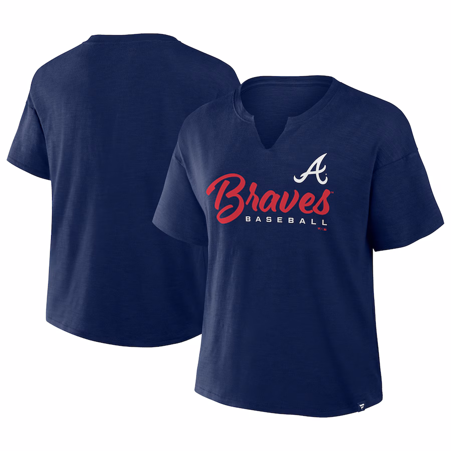 Women's Atlanta Braves Profile Navy Plus Size Wordmark Notch Neck T-Shirt - ujerseystore
