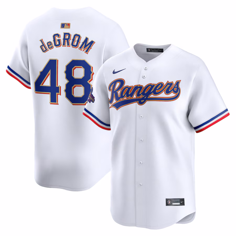 Men's Texas Rangers Jacob deGrom Nike White 2024 Gold Collection Limited Player Jersey - ujerseystore