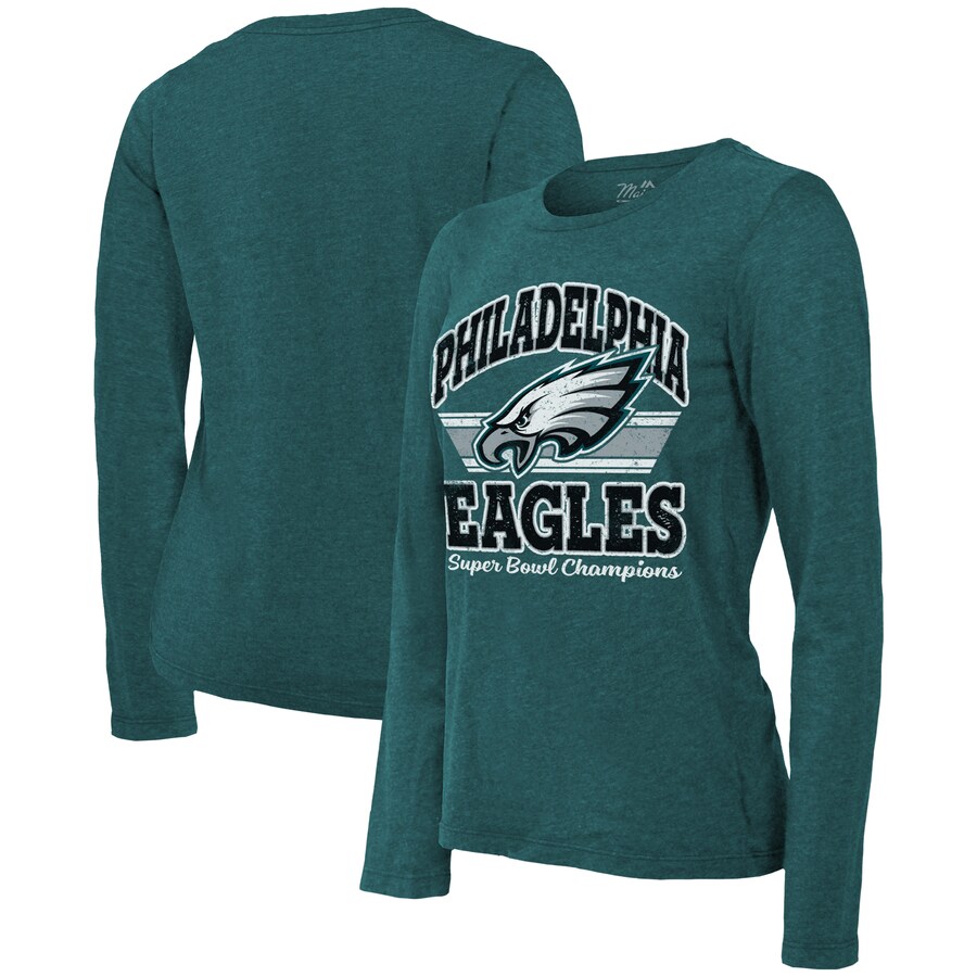 Women's Philadelphia Eagles  Majestic Threads Midnight Green Super Bowl LIX Champions Coffin Corner Boyfriend Long Sleeve Tri-Blend T-Shirt - ujerseystore