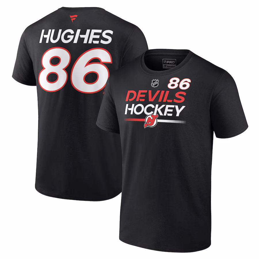 Men's New Jersey Devils Jack Hughes Fanatics Black Authentic Pro Prime Name & Number T-Shirt - ujerseystore