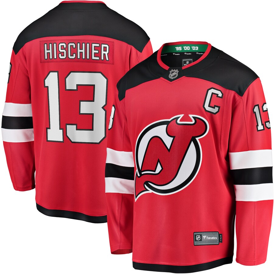 Men's New Jersey Devils Nico Hischier Fanatics Branded Red Captain Patch Home Breakaway Jersey - ujerseystore